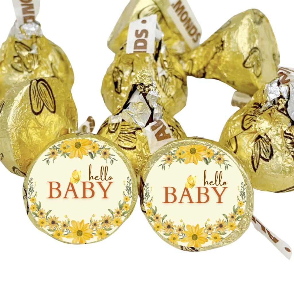 Hello Baby Candy Kiss Stickers | Floral Baby Shower Decor | Glossy Vinyl | 100 Count