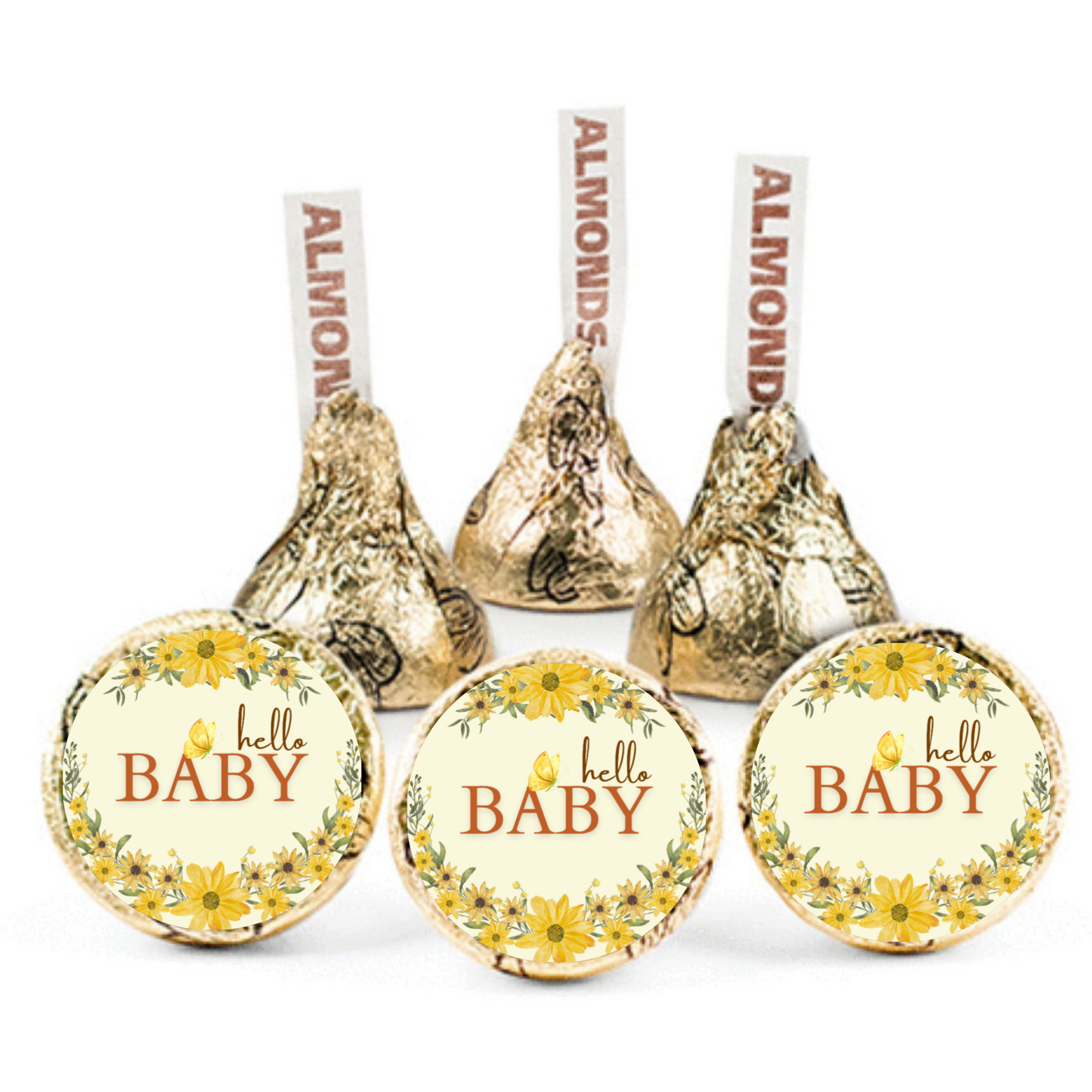Hello Baby Candy Kiss Stickers | Floral Baby Shower Decor | Glossy Vinyl | 100 Count