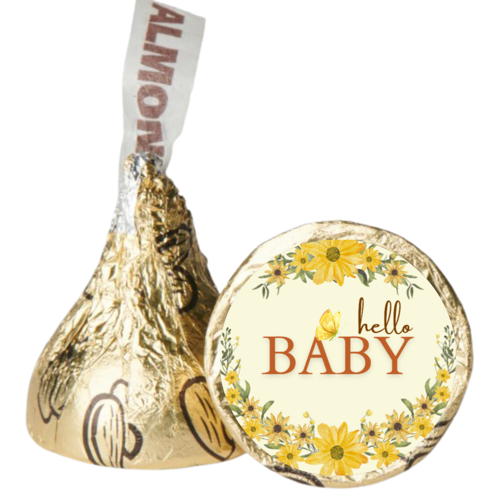 Hello Baby Candy Kiss Stickers | Floral Baby Shower Decor | Glossy Vinyl | 100 Count