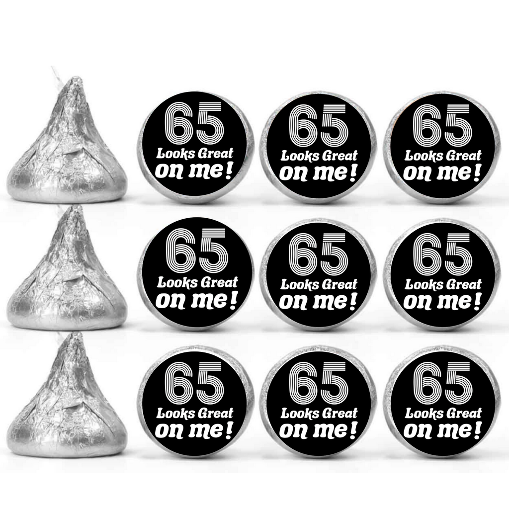 65th Birthday Party Mini Kiss Candy Labels | Chocolate Candy Stickers | 65 Looks Good on me| Elegant Party Favors |Set of 100