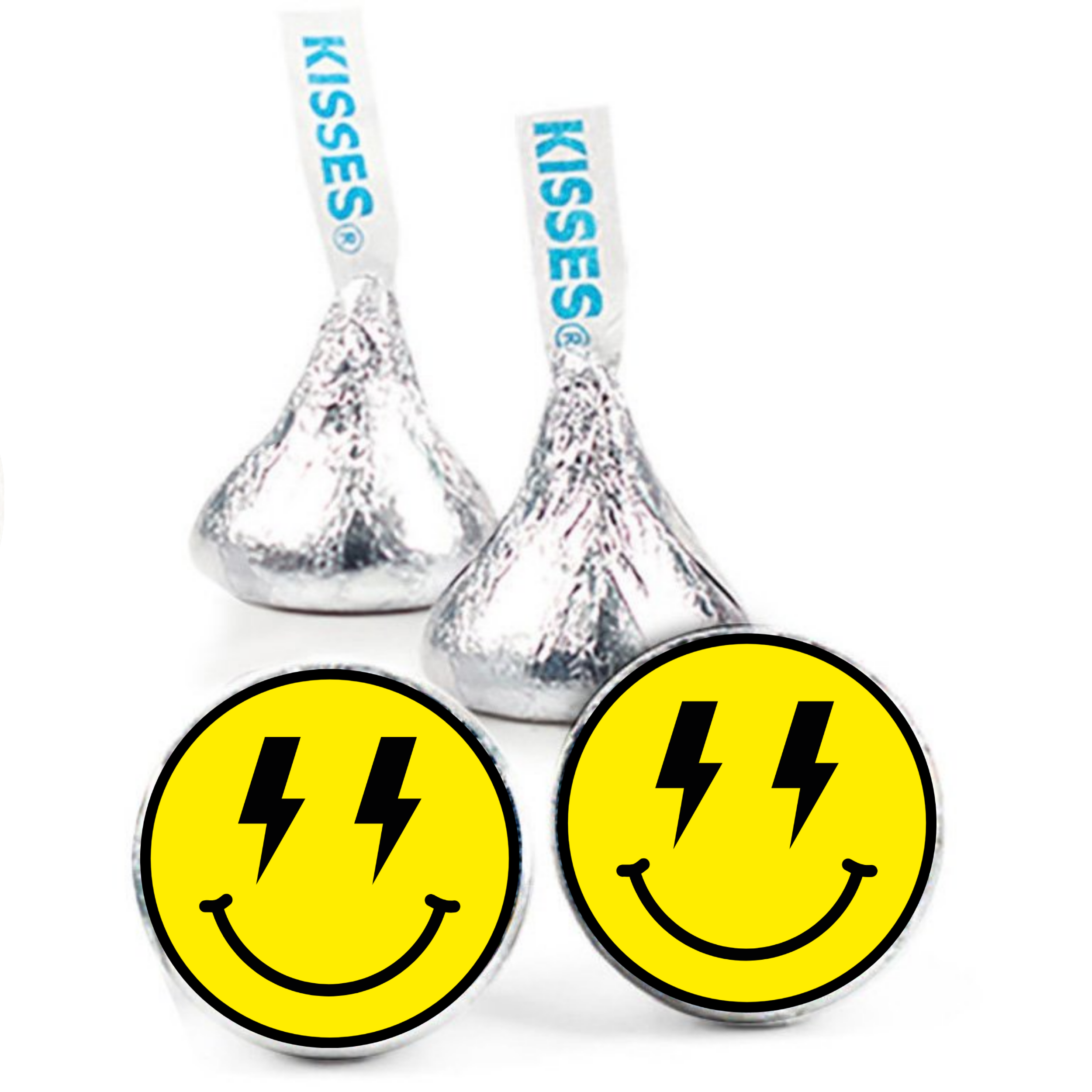 Smiley Face Birthday | Mini Kiss Labels | Chocolate Candy Stickers | Bright Yellow Theme | Happy Party Favors | Glossy