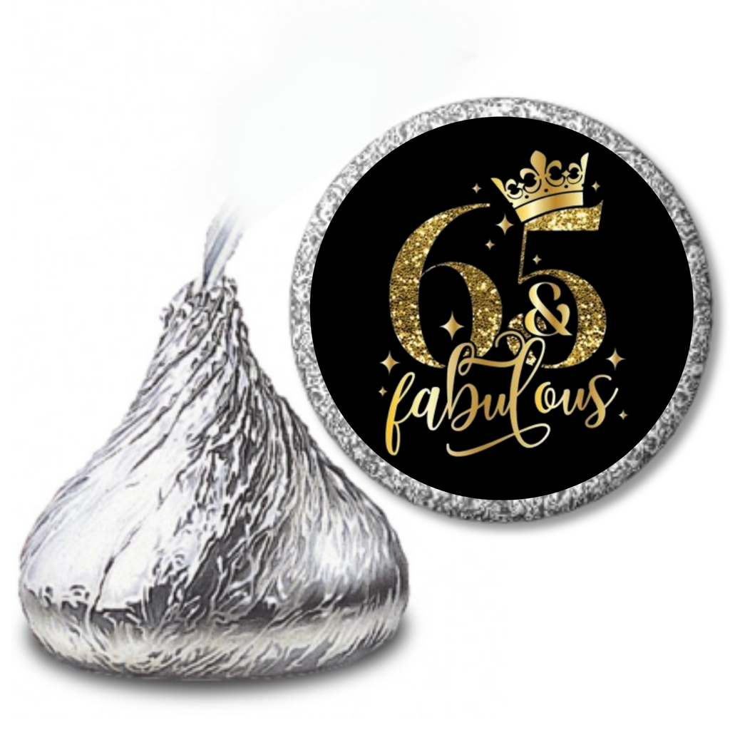 65th Birthday Party | 100 Mini Kiss Labels | Chocolate Candy Stickers | Sixty Five Fabulous | Elegant Party Favors | Glossy