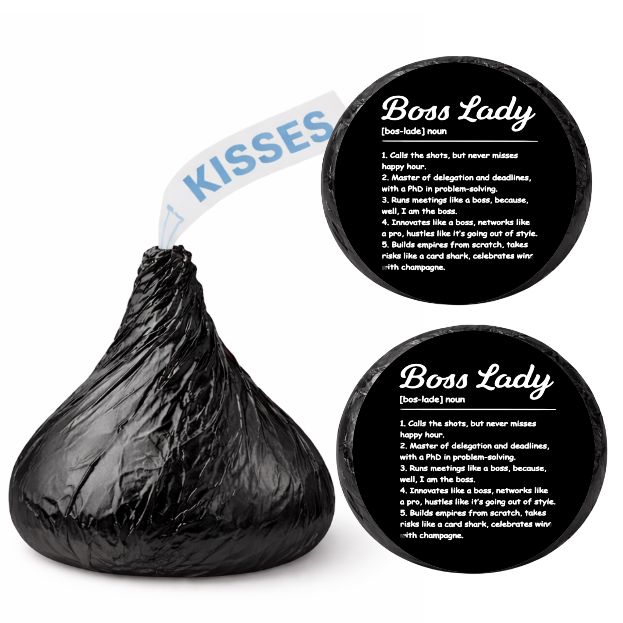 Boss Lady Kiss Candy Stickers | Boss Day Accent Table Decor | Black and White Definition Theme | Glossy | 100 Count