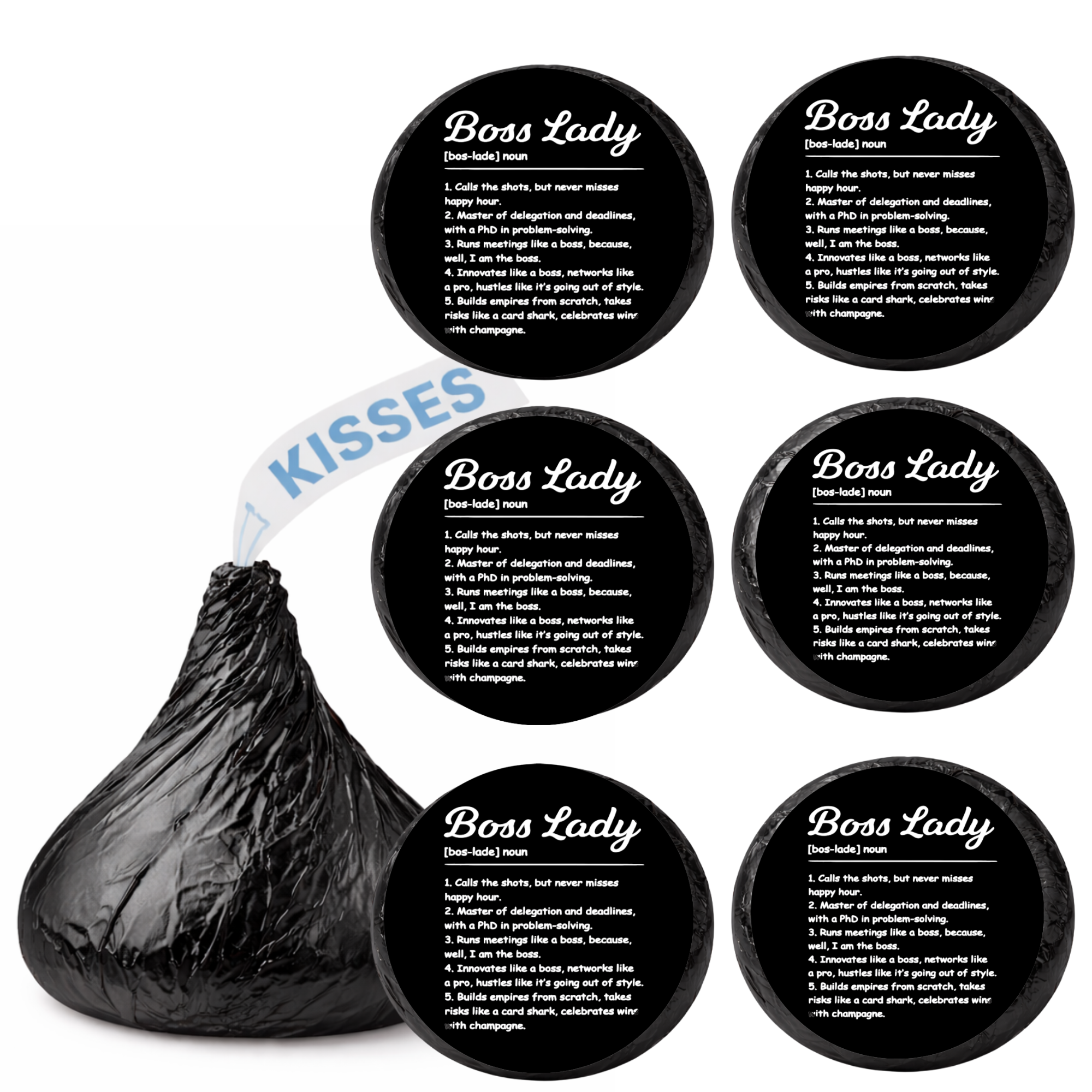 Boss Lady Kiss Candy Stickers | Boss Day Accent Table Decor | Black and White Definition Theme | Glossy | 100 Count