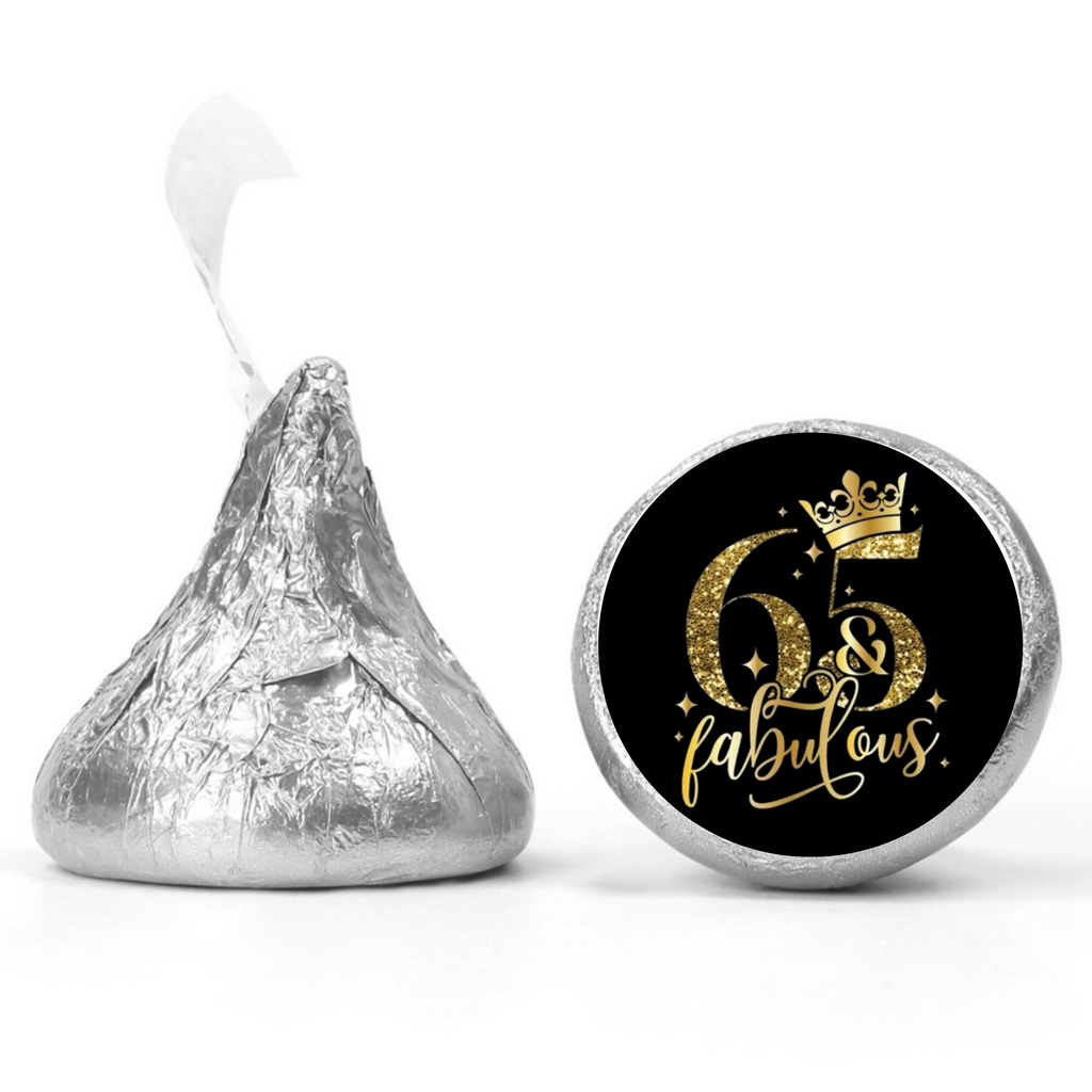 65th Birthday Party | 100 Mini Kiss Labels | Chocolate Candy Stickers | Sixty Five Fabulous | Elegant Party Favors | Glossy