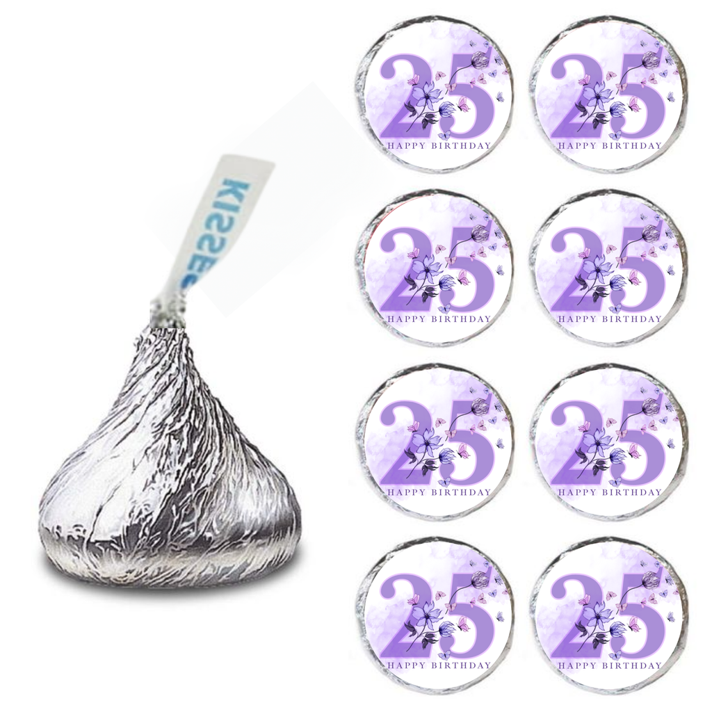 Floral 25th Birthday Kiss Candy Stickers | Elegant 25 Celebration Design | Floral Party favors| 100ct| Glossy