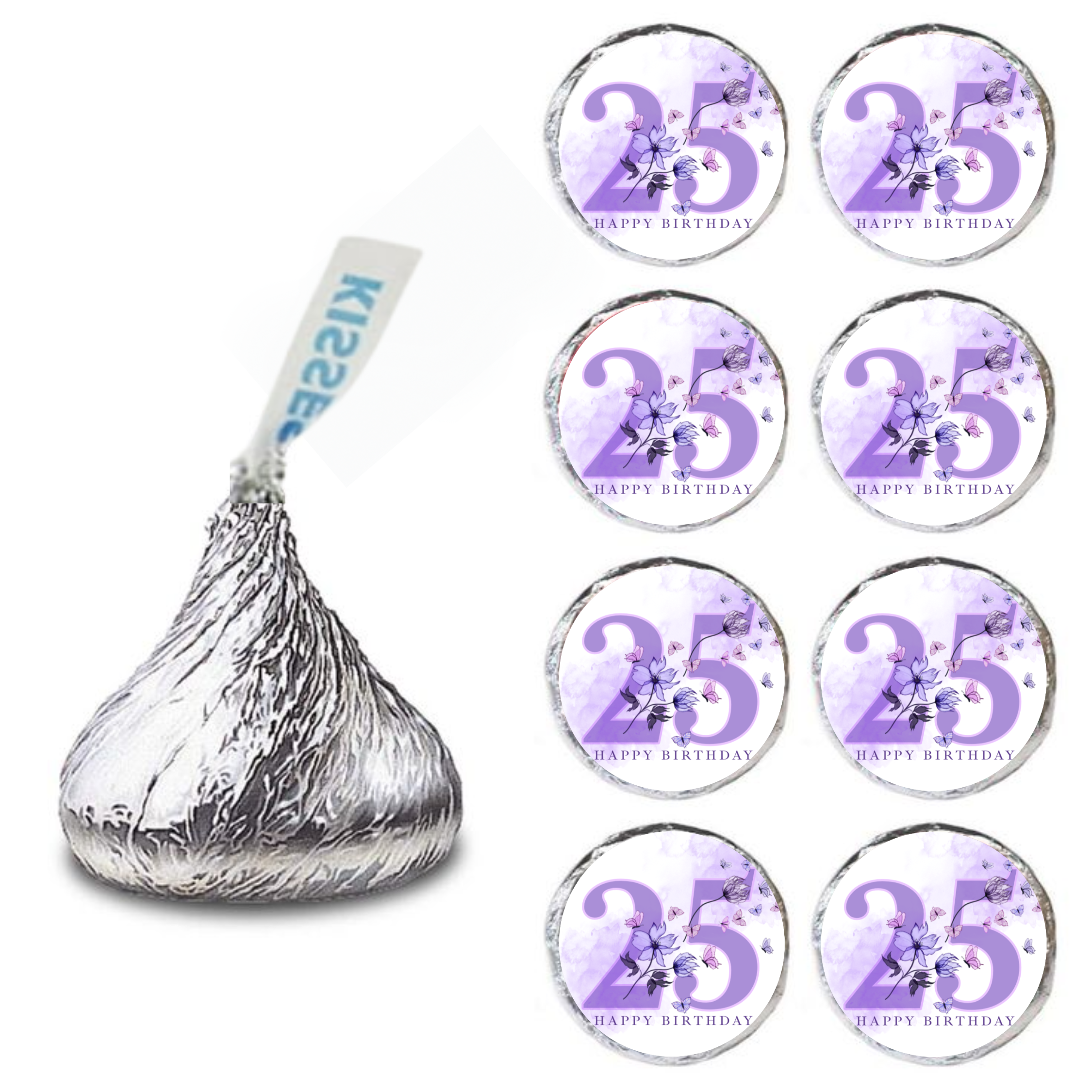 Floral 25th Birthday Kiss Candy Stickers | Elegant 25 Celebration Design | Floral Party favors| 100ct| Glossy
