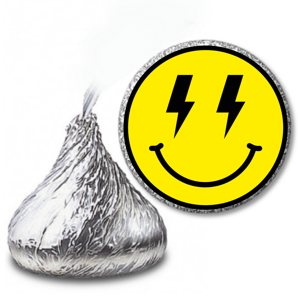 Smiley Face Birthday | Mini Kiss Labels | Chocolate Candy Stickers | Bright Yellow Theme | Happy Party Favors | Glossy