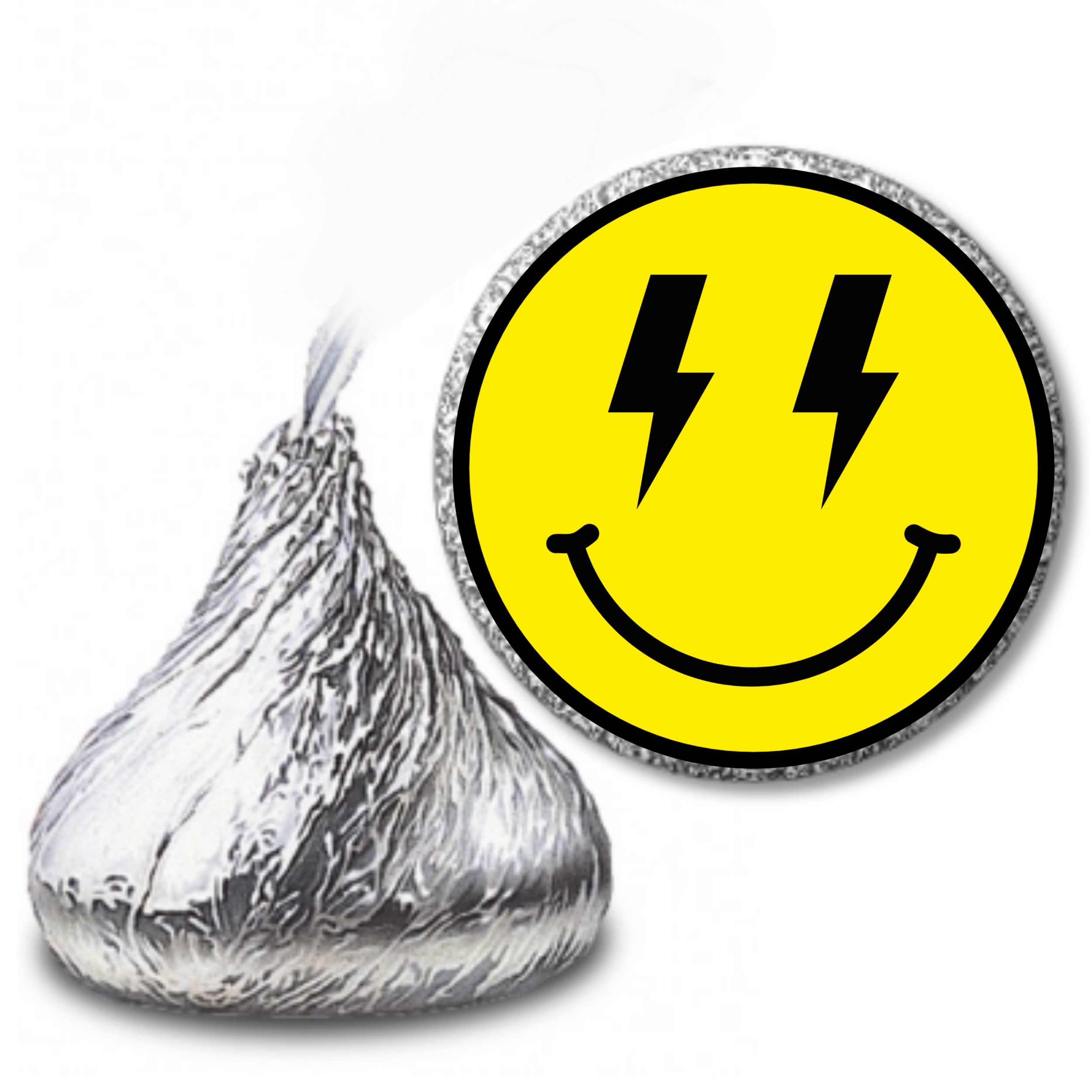 Smiley Face Birthday | Mini Kiss Labels | Chocolate Candy Stickers | Bright Yellow Theme | Happy Party Favors | Glossy