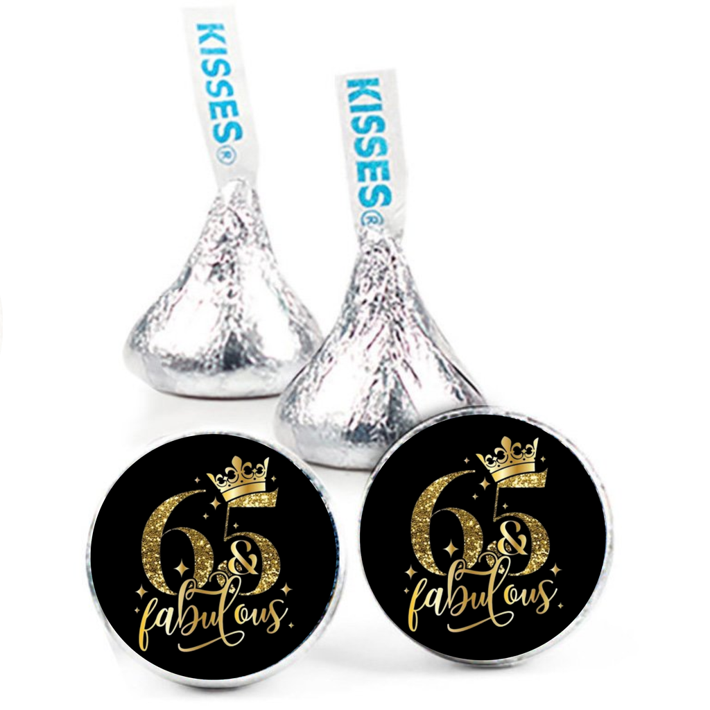 65th Birthday Party | 100 Mini Kiss Labels | Chocolate Candy Stickers | Sixty Five Fabulous | Elegant Party Favors | Glossy
