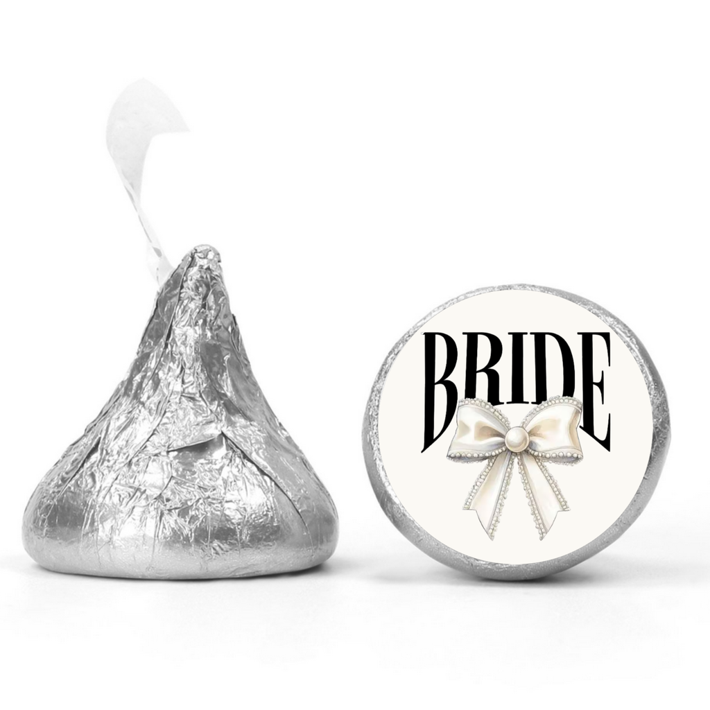 Bridal Shower Kiss Candy Stickers | Bride Text With Diamond Bow Design | Elegant Party Table Decor | 100 Glossy