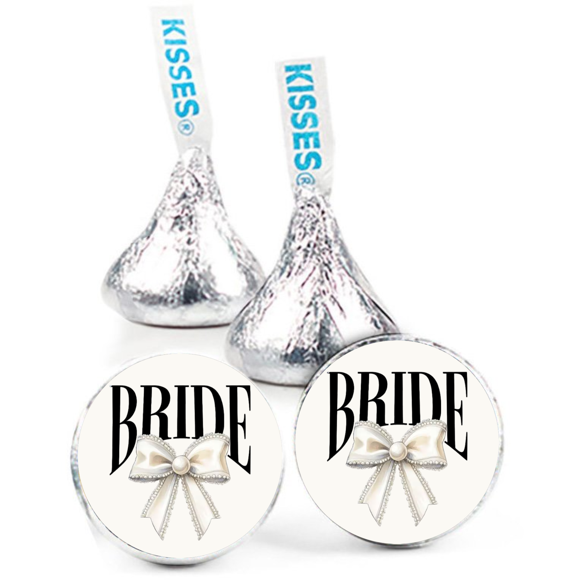 Bridal Shower Kiss Candy Stickers | Bride Text With Diamond Bow Design | Elegant Party Table Decor | 100 Glossy
