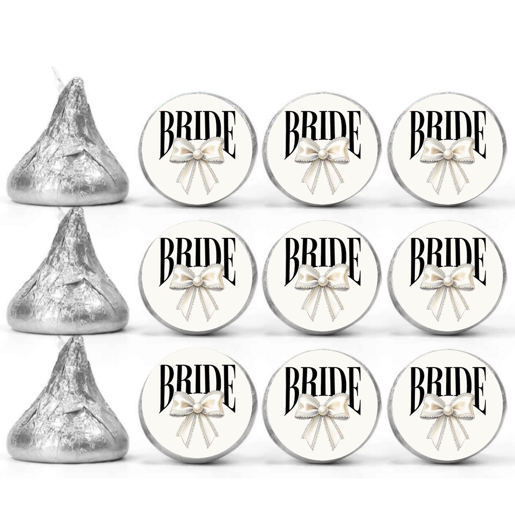 Bridal Shower Kiss Candy Stickers | Bride Text With Diamond Bow Design | Elegant Party Table Decor | 100 Glossy