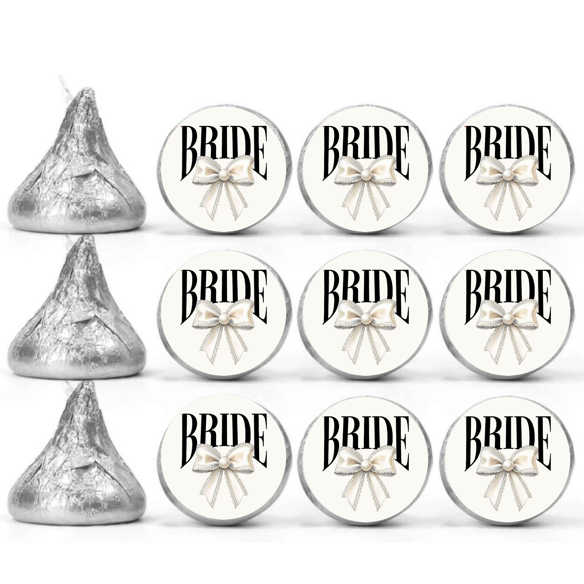 Bridal Shower Kiss Candy Stickers | Bride Text With Diamond Bow Design | Elegant Party Table Decor | 100 Glossy