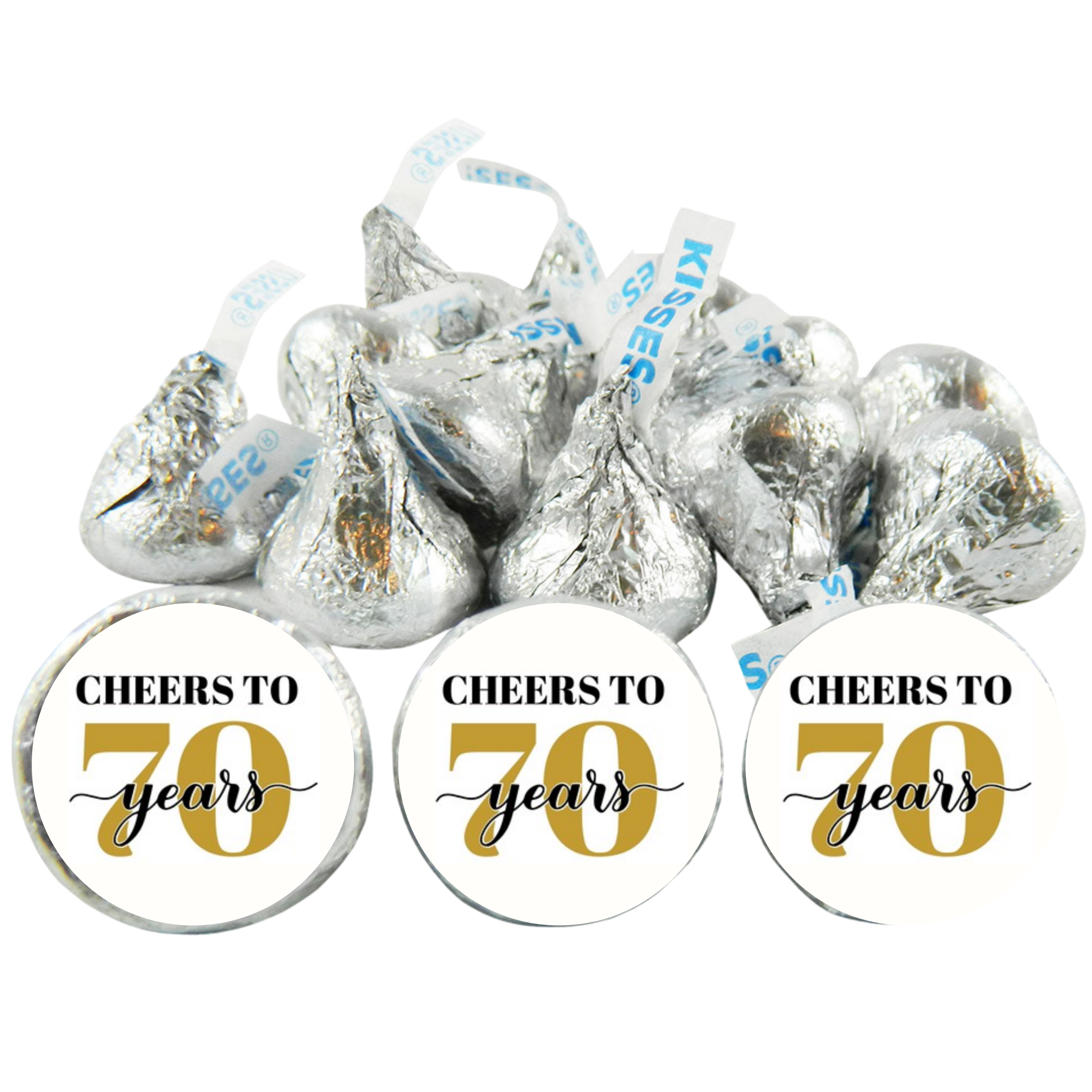 70th Birthday Party | Mini Kiss Labels | 100 Chocolate Candy Stickers | Cheers To 70 | Elegant Party Favors | Glossy