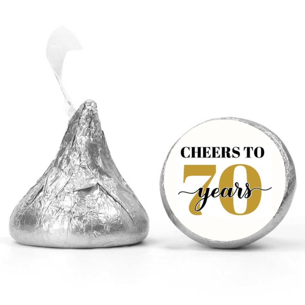 70th Birthday Party | Mini Kiss Labels | 100 Chocolate Candy Stickers | Cheers To 70 | Elegant Party Favors | Glossy