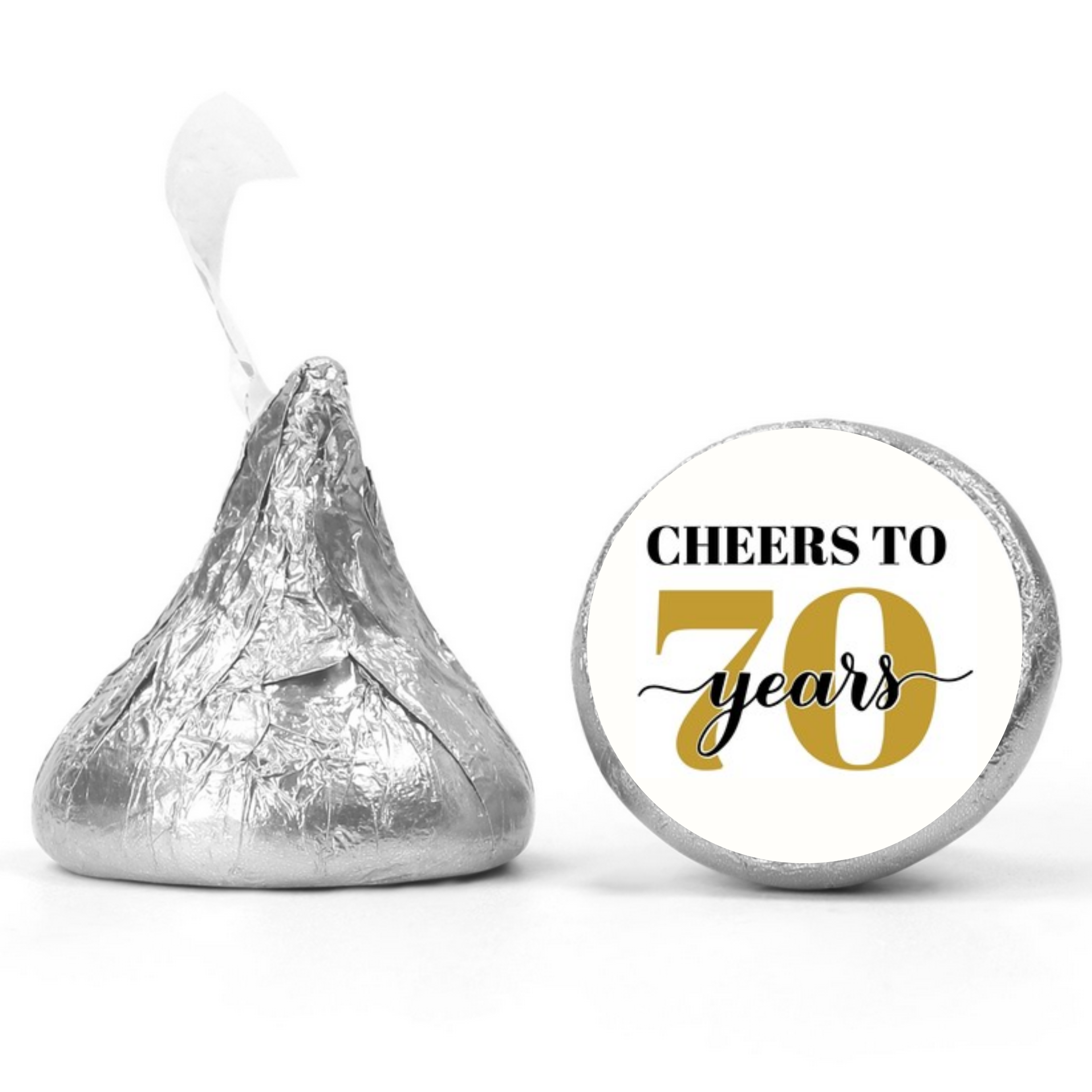 70th Birthday Party | Mini Kiss Labels | 100 Chocolate Candy Stickers | Cheers To 70 | Elegant Party Favors | Glossy