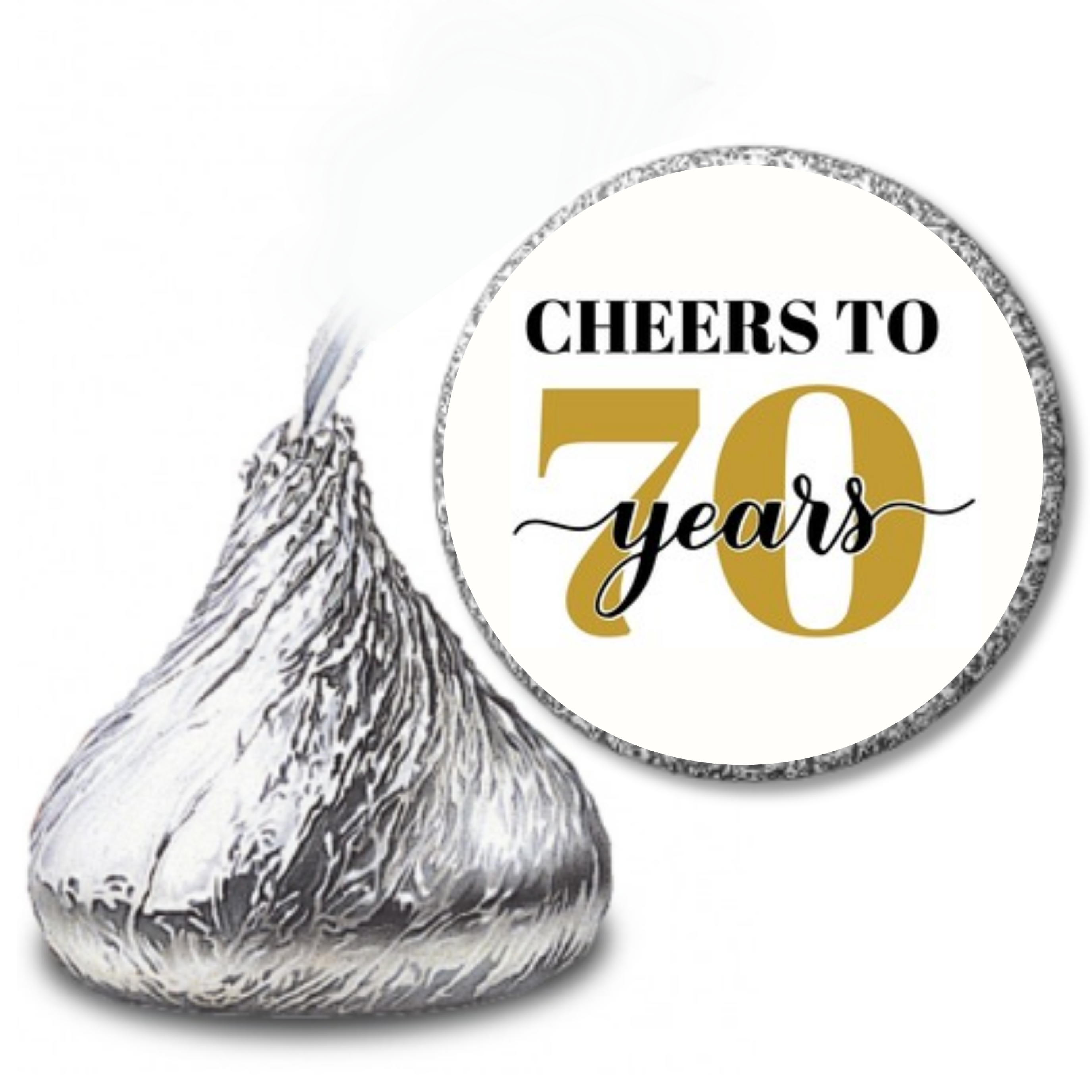 70th Birthday Party | Mini Kiss Labels | 100 Chocolate Candy Stickers | Cheers To 70 | Elegant Party Favors | Glossy