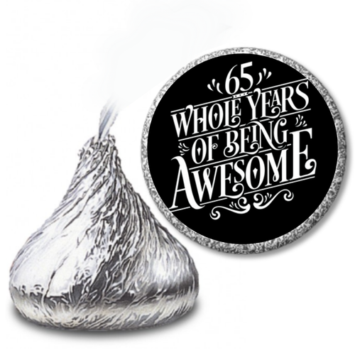 65th Birthday Party | Mini Kiss Labels | 100 Chocolate Candy Stickers | 65 Years Awesome | Elegant Party Favors | Glossy