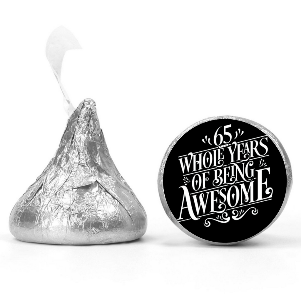 65th Birthday Party | Mini Kiss Labels | 100 Chocolate Candy Stickers | 65 Years Awesome | Elegant Party Favors | Glossy