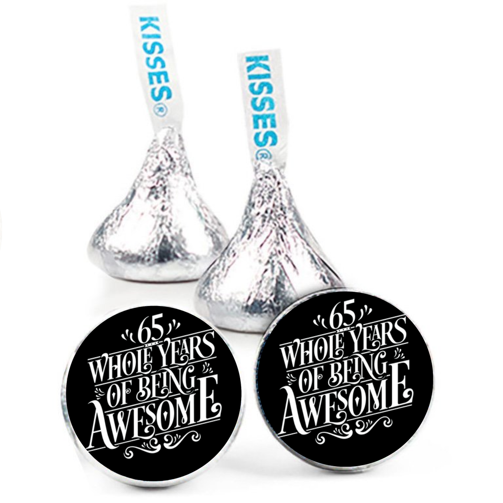 65th Birthday Party | Mini Kiss Labels | 100 Chocolate Candy Stickers | 65 Years Awesome | Elegant Party Favors | Glossy