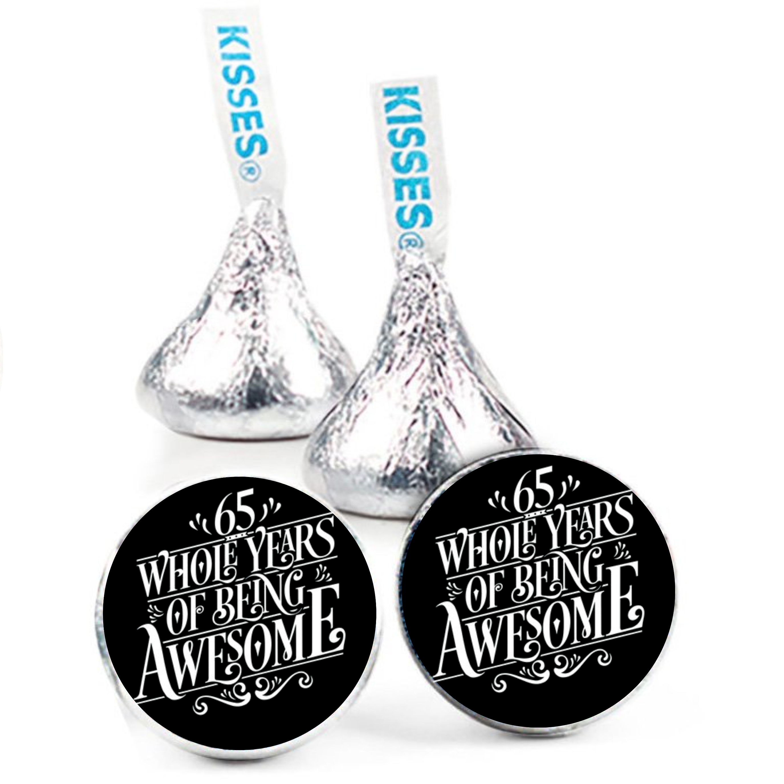 65th Birthday Party | Mini Kiss Labels | 100 Chocolate Candy Stickers | 65 Years Awesome | Elegant Party Favors | Glossy