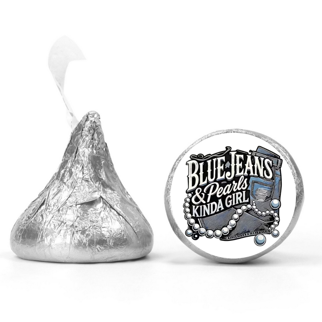 Blue Jeans And Pearls Kinda Girl Kiss Candy Decals| Glossy| 100ct| Jean Theme Birthday Candy Stickers