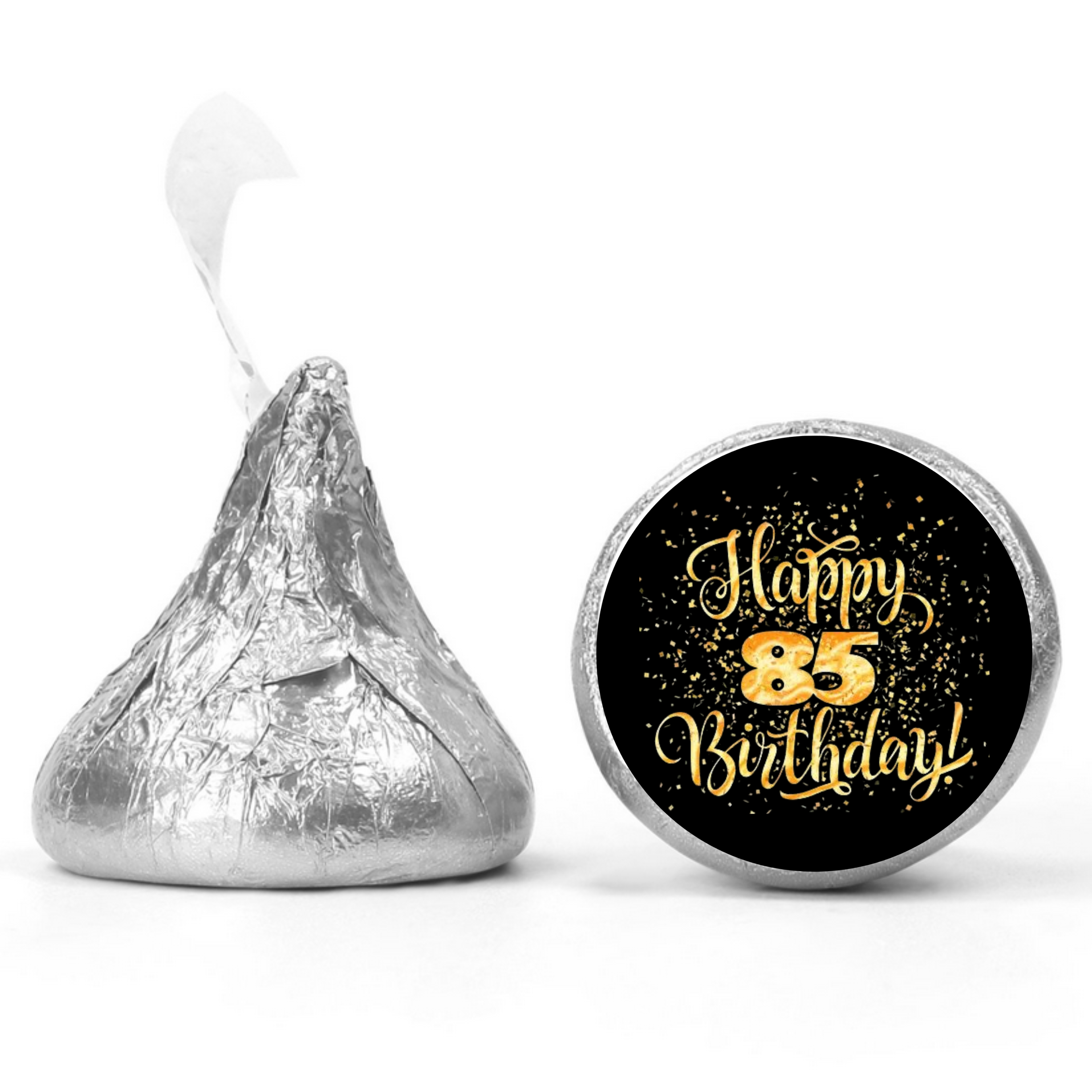 85th Birthday Party | 100 Mini Kiss Labels | Chocolate Candy Stickers | Happy 85th Birthday | Elegant Party Favors | Glossy