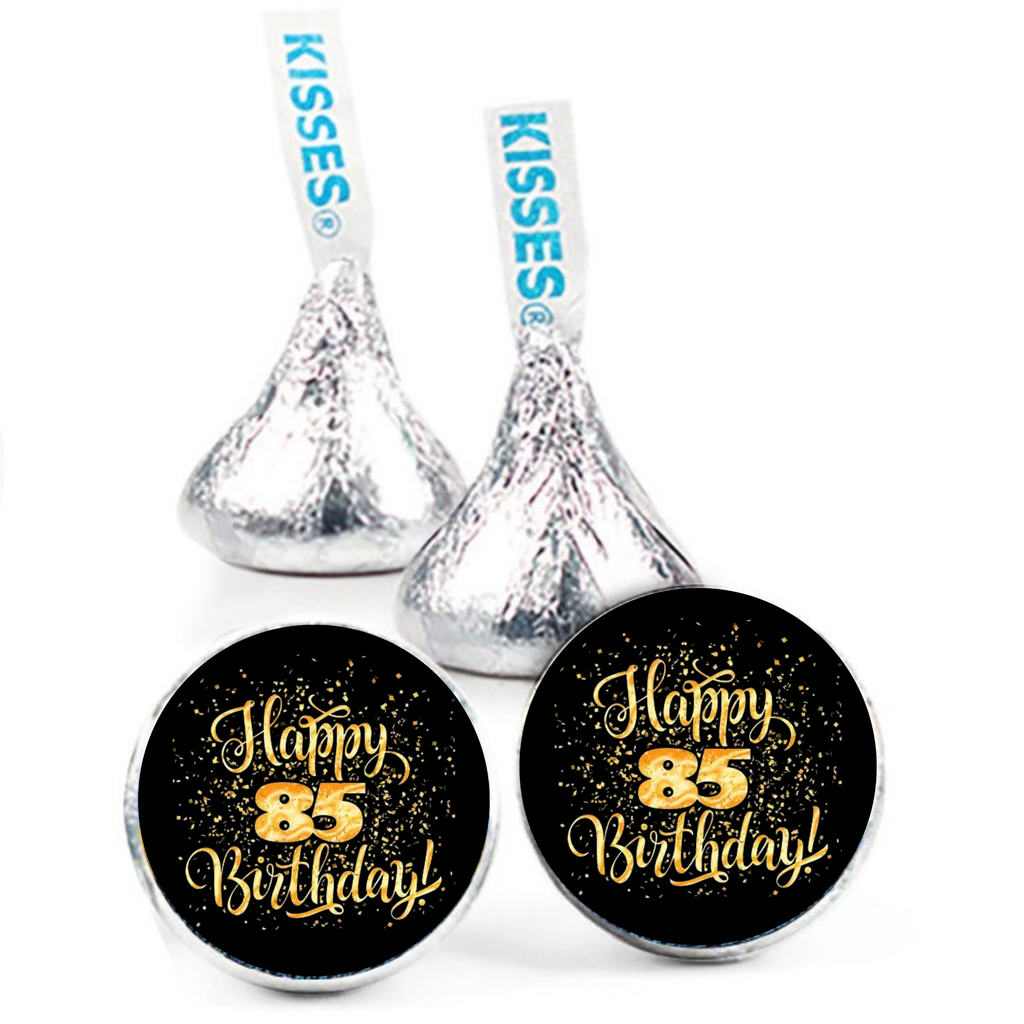 85th Birthday Party | 100 Mini Kiss Labels | Chocolate Candy Stickers | Happy 85th Birthday | Elegant Party Favors | Glossy