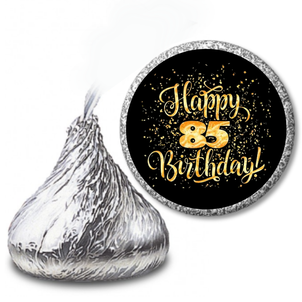 85th Birthday Party | 100 Mini Kiss Labels | Chocolate Candy Stickers | Happy 85th Birthday | Elegant Party Favors | Glossy