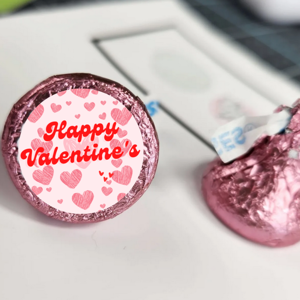Happy Valentines Kiss Candy Stickers | Heart Design | Valentines Day Favors | Glossy | 100 Count 0.75in