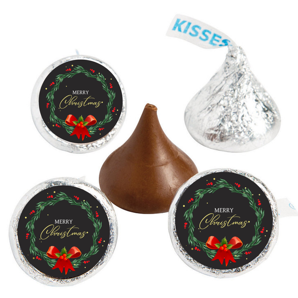 Merry Christmas Kiss Candy Stickers | Wreath with Bow Design | Glossy| Self Adhesive |100ct
