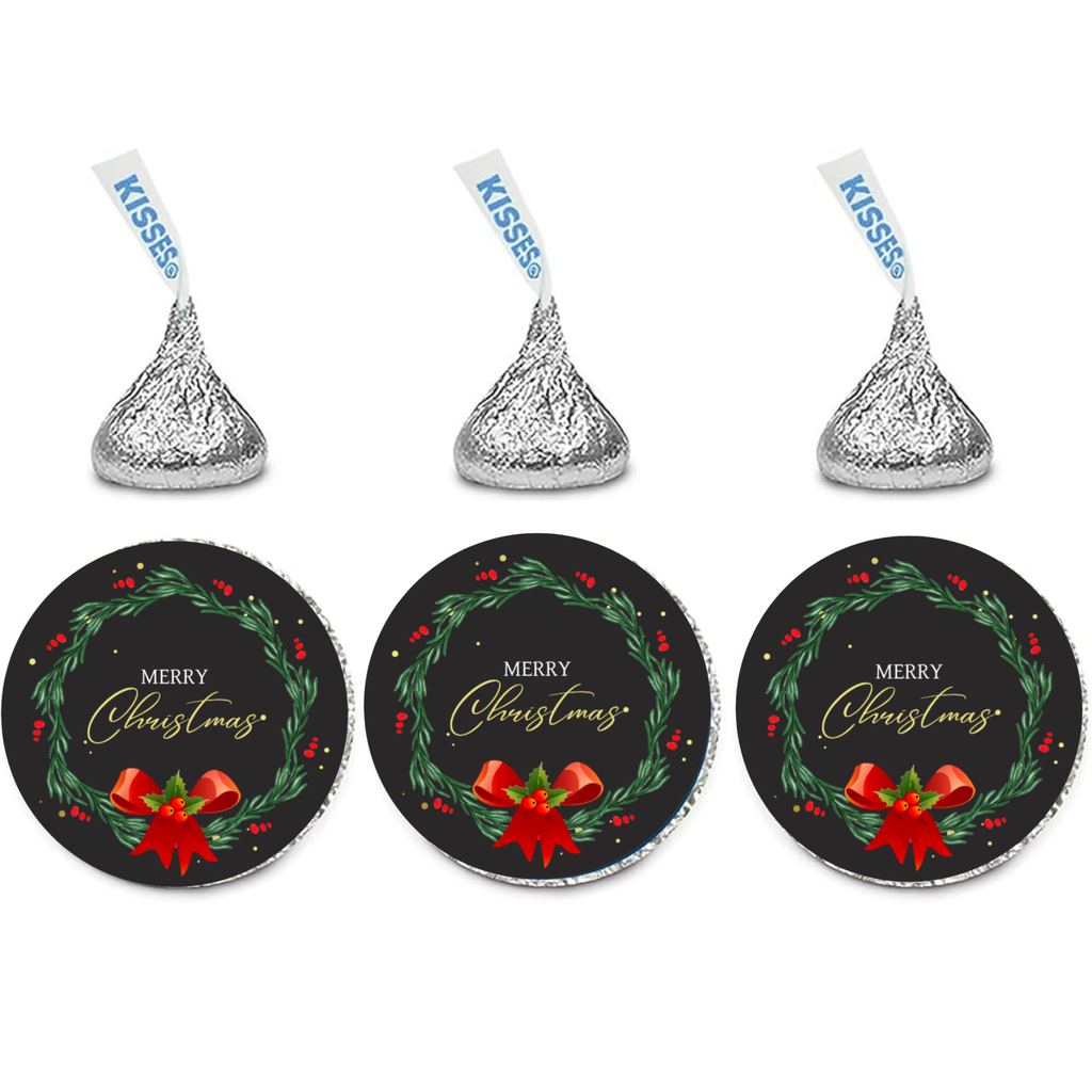 Merry Christmas Kiss Candy Stickers | Wreath with Bow Design | Glossy| Self Adhesive |100ct