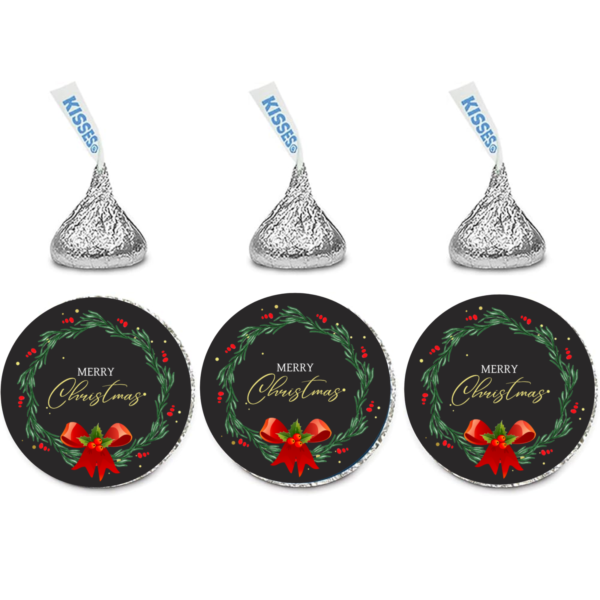 Merry Christmas Kiss Candy Stickers | Wreath with Bow Design | Glossy| Self Adhesive |100ct