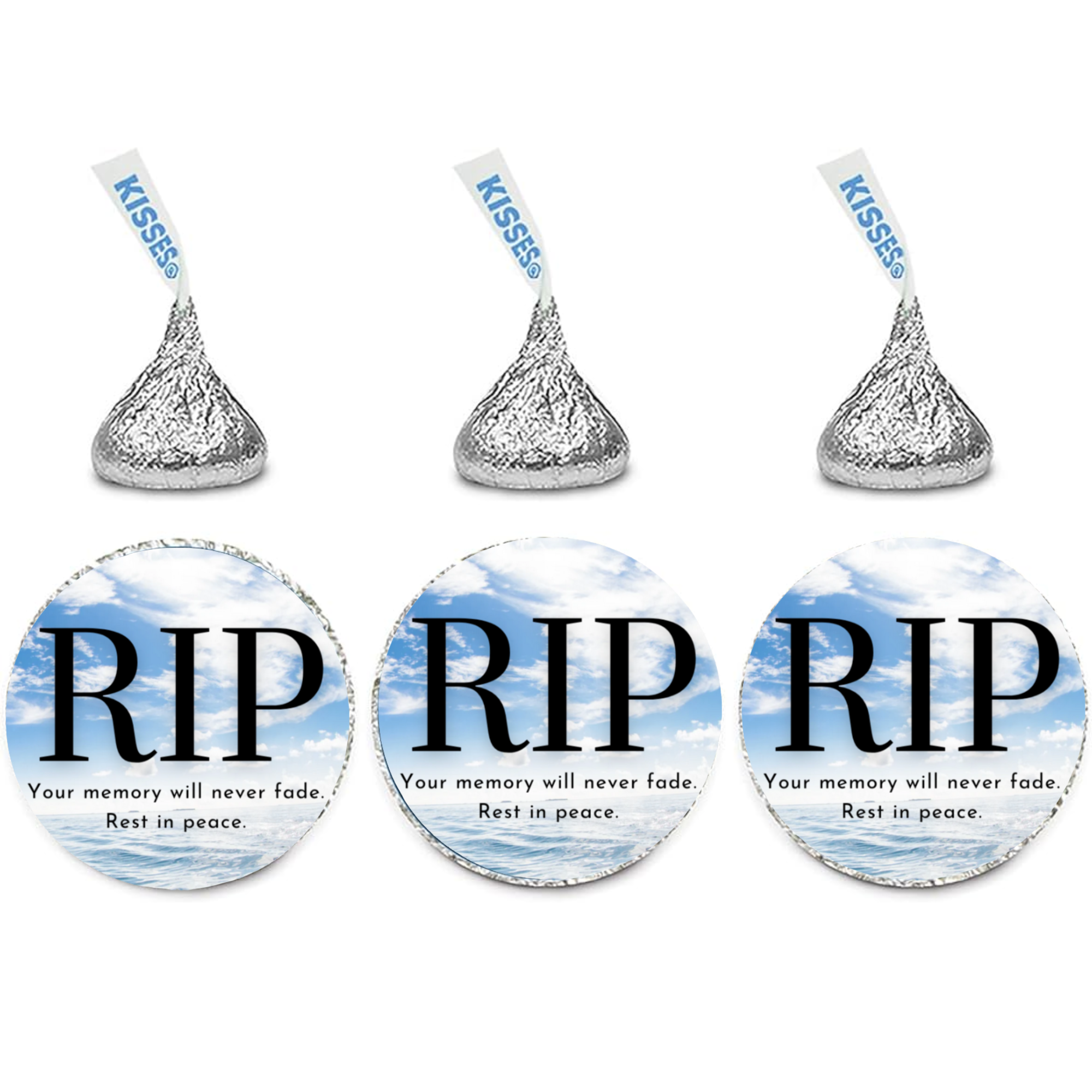 RIP Memorial Candy Kiss Labels 0.75in | Glossy | Cloud Design | 100ct | In Loving Memory Candy Stickers