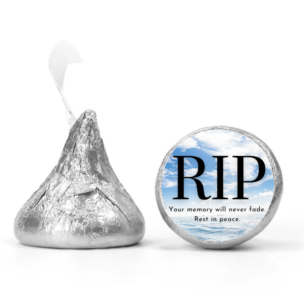 RIP Memorial Candy Kiss Labels 0.75in | Glossy | Cloud Design | 100ct | In Loving Memory Candy Stickers