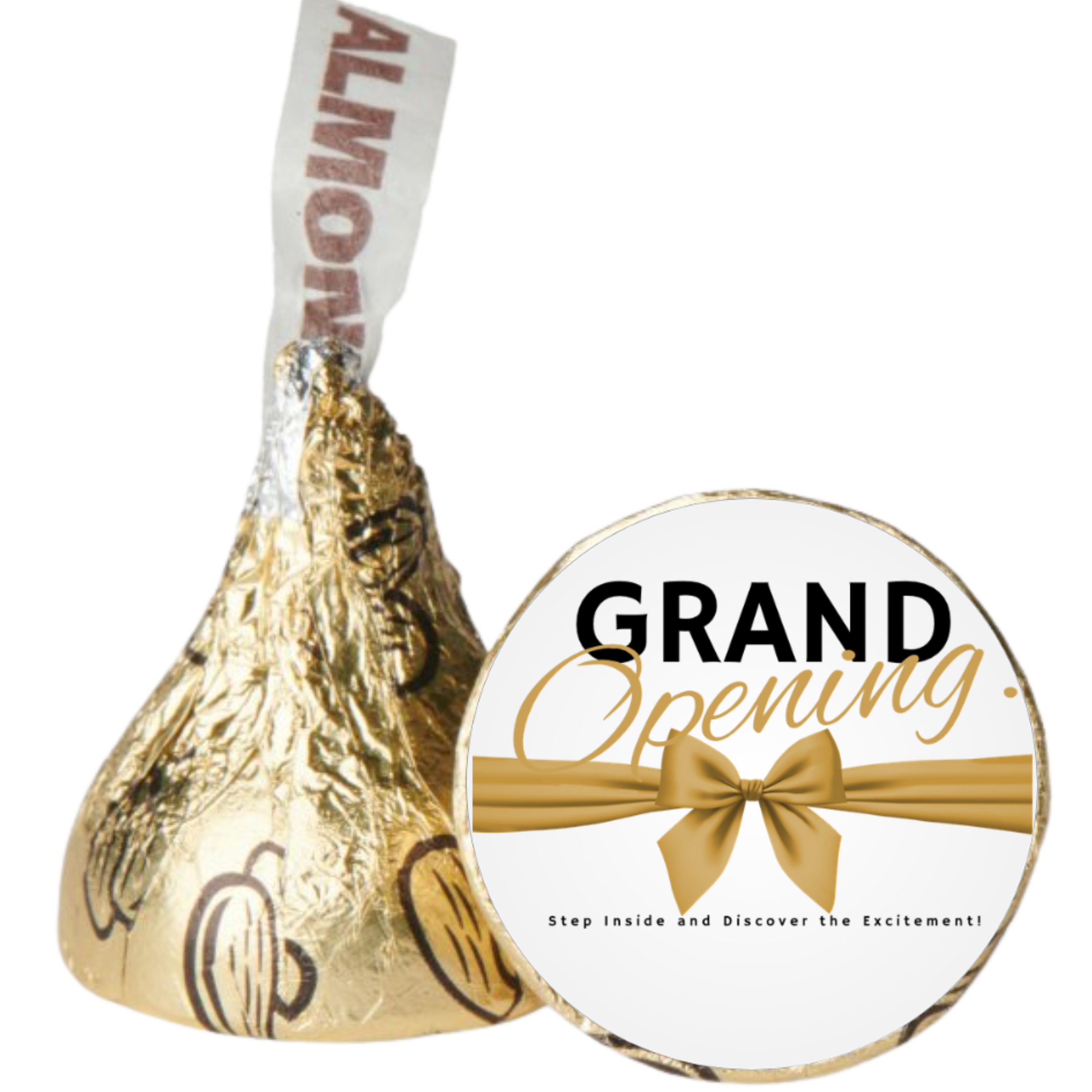 Grand Opening Candy Stickers | 100ct|Step Inside and Enjoy the Excitement |Gold Ribbon Design |Glossy