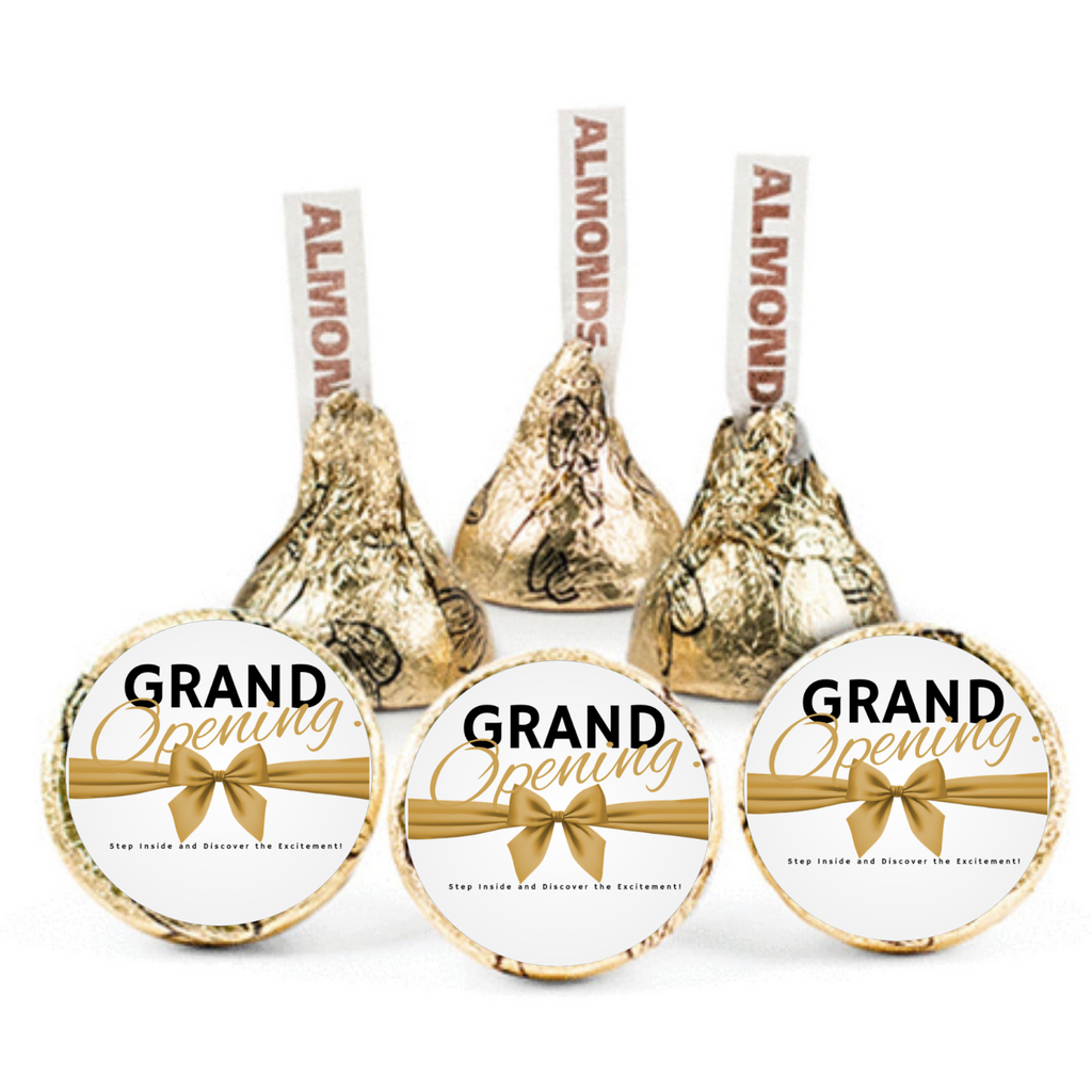 Grand Opening Candy Stickers | 100ct|Step Inside and Enjoy the Excitement |Gold Ribbon Design |Glossy