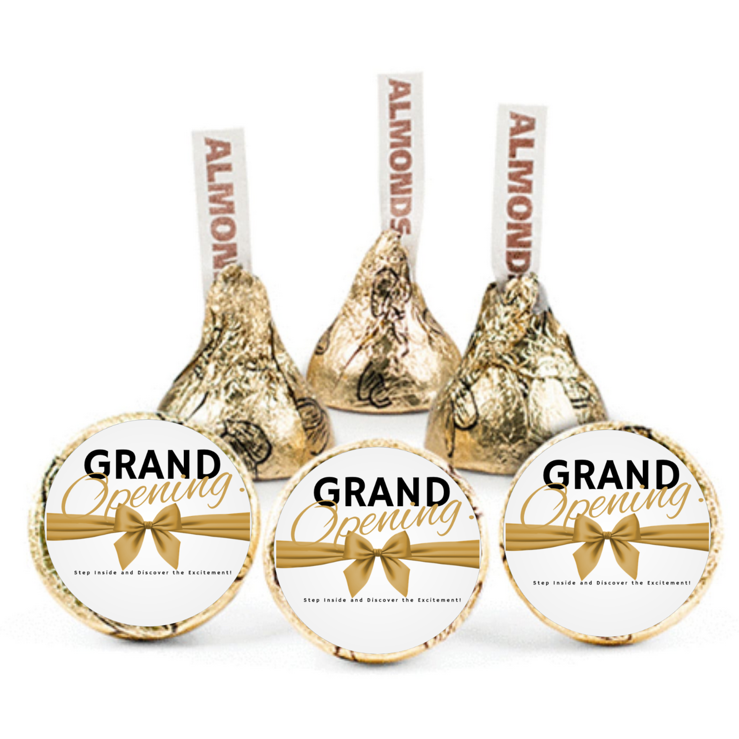 Grand Opening Candy Stickers | 100ct|Step Inside and Enjoy the Excitement |Gold Ribbon Design |Glossy