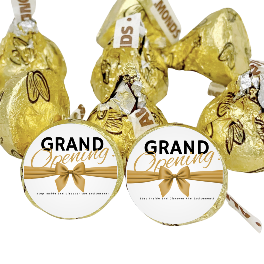 Grand Opening Candy Stickers | 100ct|Step Inside and Enjoy the Excitement |Gold Ribbon Design |Glossy