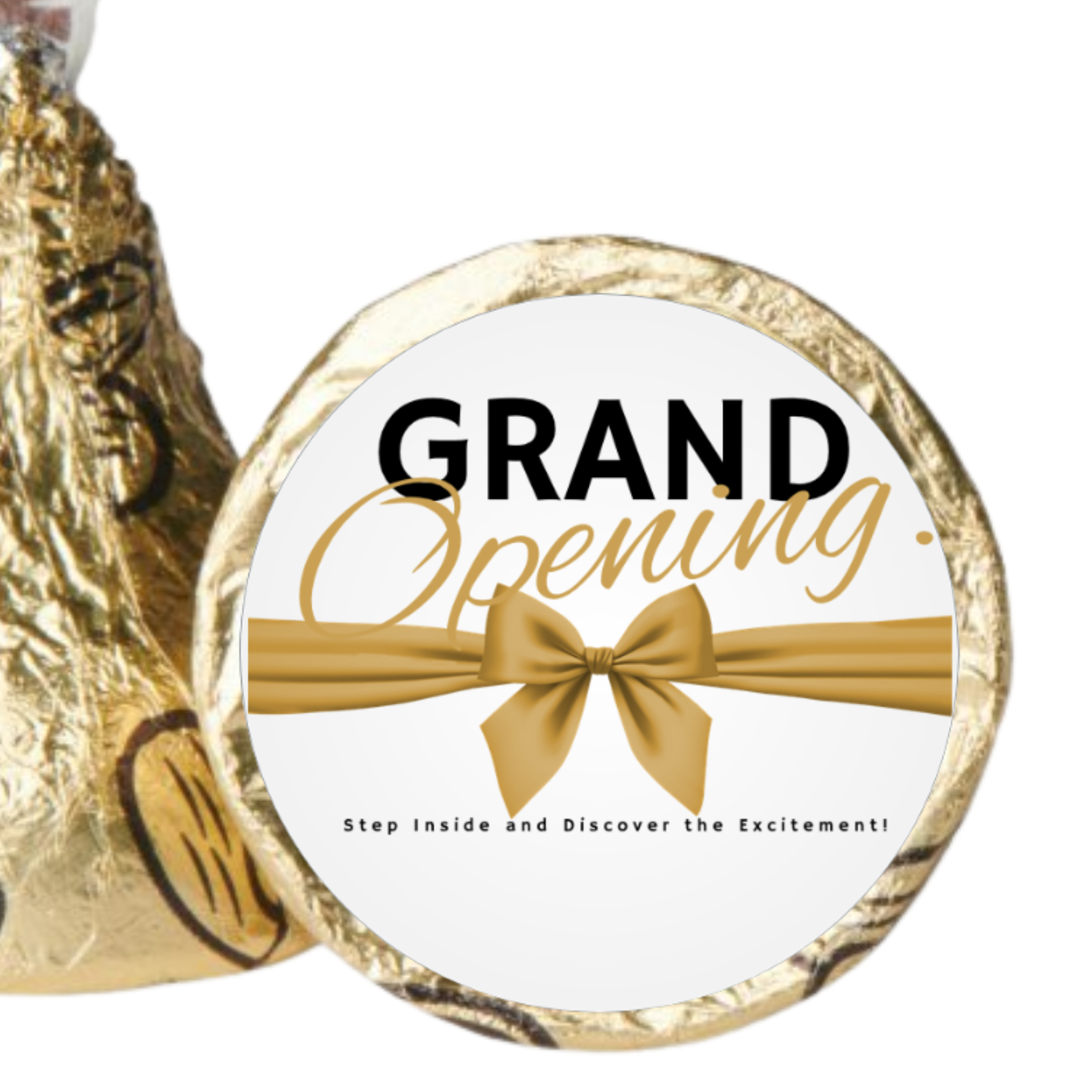 Grand Opening Candy Stickers | 100ct|Step Inside and Enjoy the Excitement |Gold Ribbon Design |Glossy