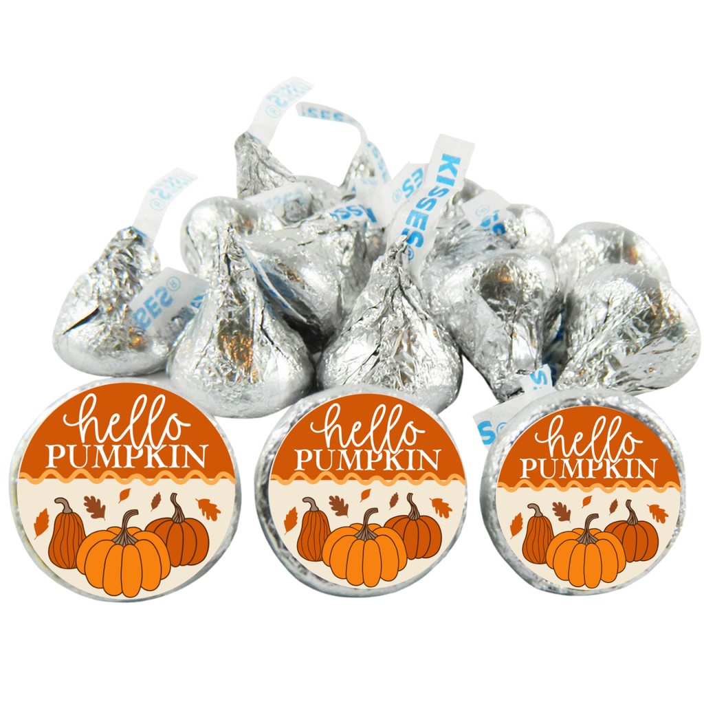 Hello Pumpkin Candy Stickers | Fall Leaves Baby Shower Favors| Pumpkin Chocolate Kiss Labels | Glossy | 100ct