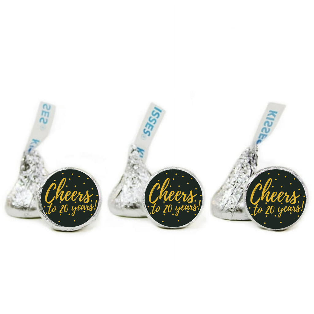 Cheers To 20 Years Candy Kiss Stickers | Black And Gold Birthday Decor | 100 Count | Glossy
