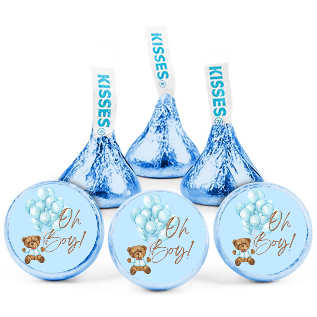 Oh Boy Candy Kiss Stickers | Teddy Bear Baby Shower Decor | 100ct | Glossy