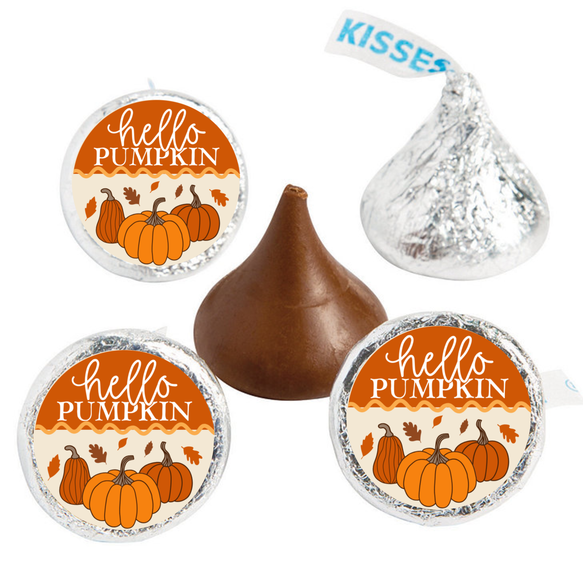 Hello Pumpkin Candy Stickers | Fall Leaves Baby Shower Favors| Pumpkin Chocolate Kiss Labels | Glossy | 100ct