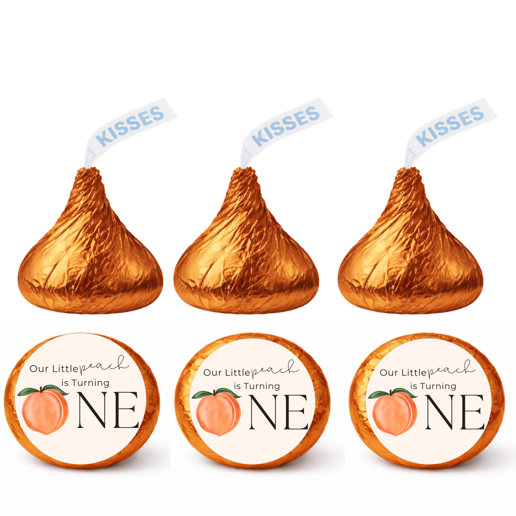 Our Little Peach Is Turning One Kiss Candy Stickers |1st Birthday Party Favors | Cute Candy Table Decorations | Set of 100 Glossy