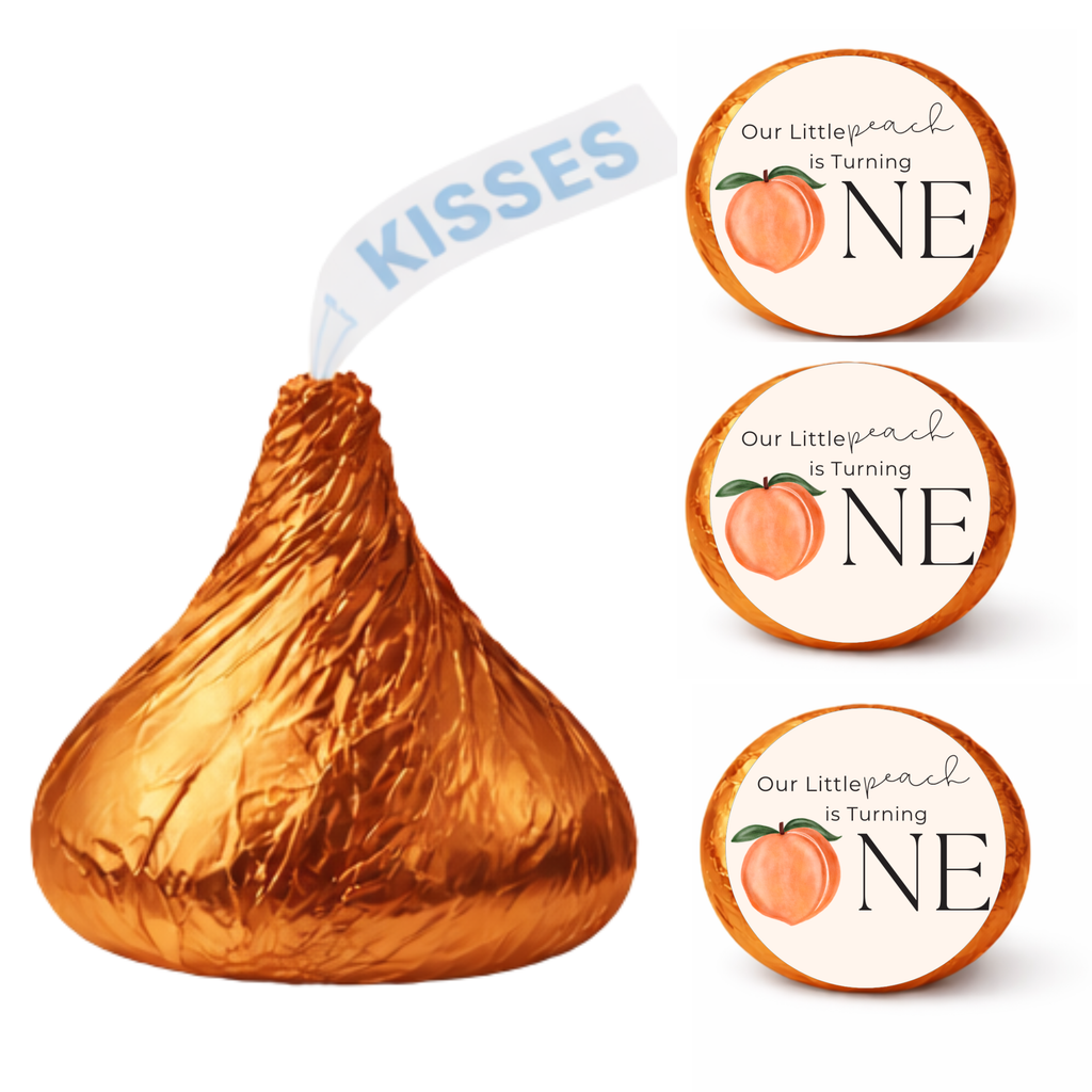 Our Little Peach Is Turning One Kiss Candy Stickers |1st Birthday Party Favors | Cute Candy Table Decorations | Set of 100 Glossy