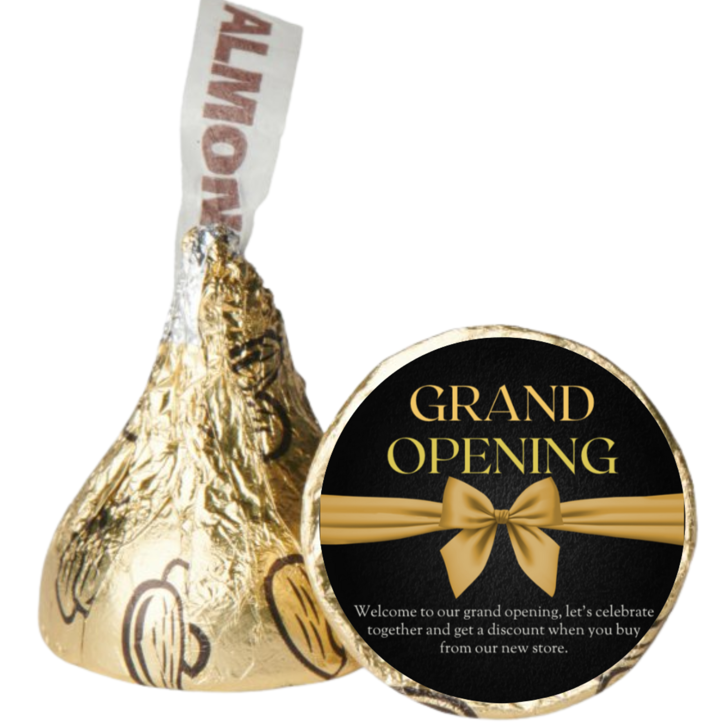 Grand Opening Candy Kiss Stickers | Black And Gold Elegant Finish| Gold Bow Design | 100ct | Glossy