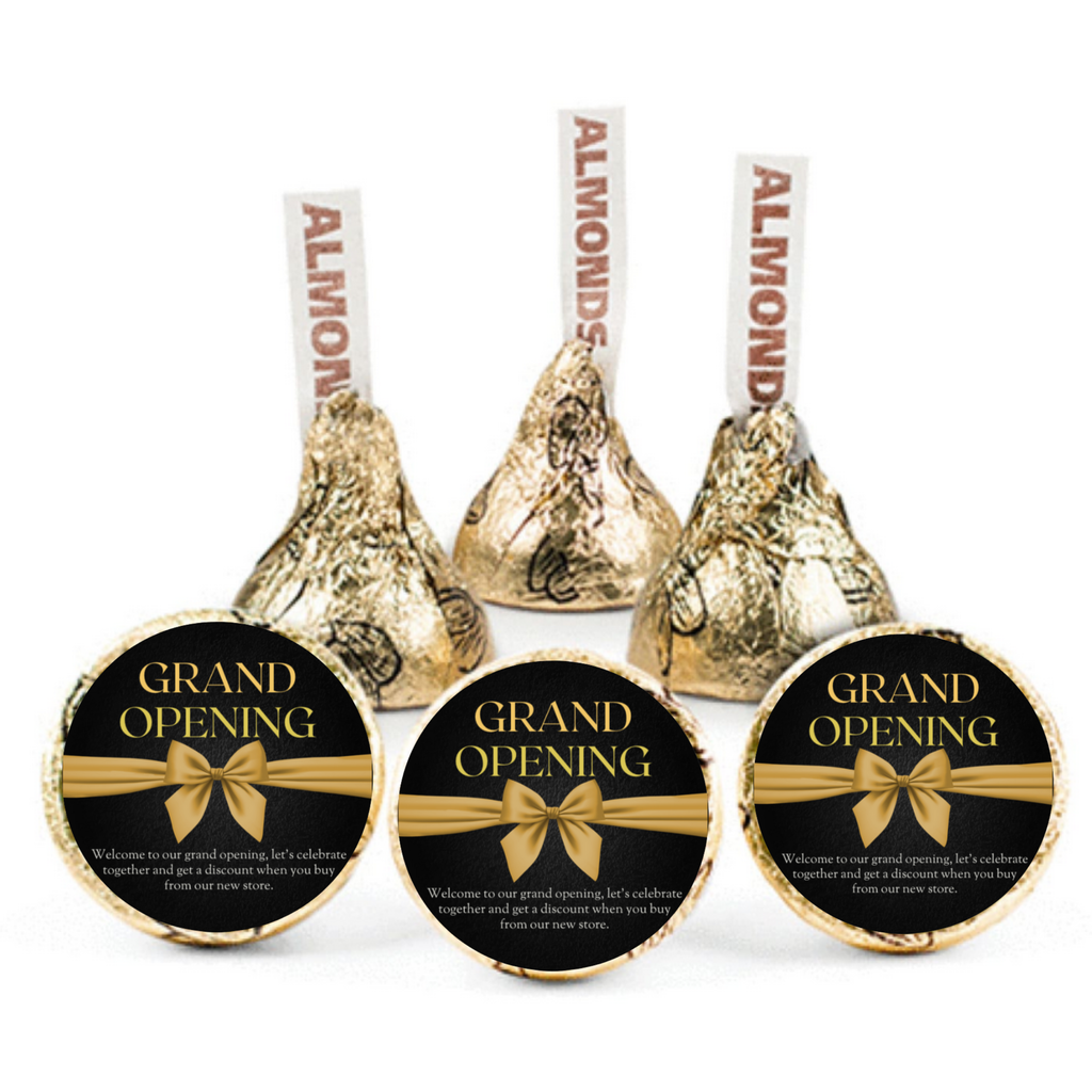Grand Opening Candy Kiss Stickers | Black And Gold Elegant Finish| Gold Bow Design | 100ct | Glossy