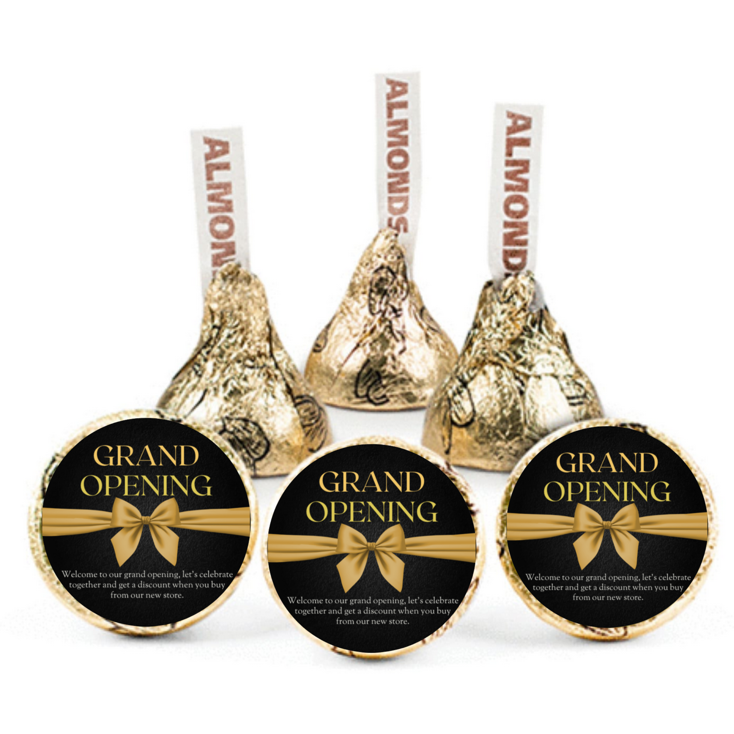 Grand Opening Candy Kiss Stickers | Black And Gold Elegant Finish| Gold Bow Design | 100ct | Glossy